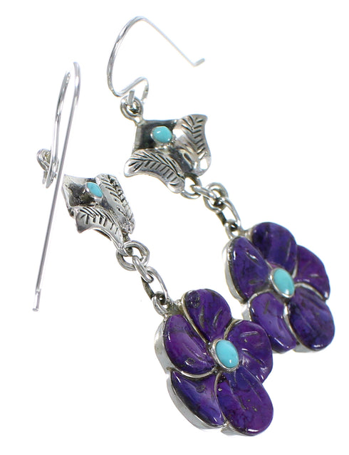 Silver Turquoise And Magenta Turquoise Flower Southwest Hook Dangle Earrings WX76383